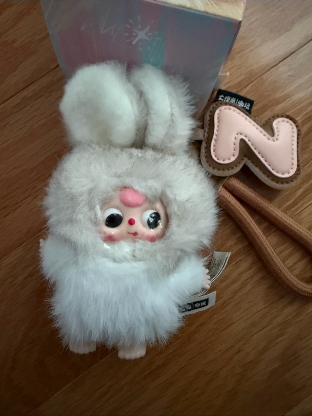 Cute White Plush Bunny Bag Charm with Pink Face Accent